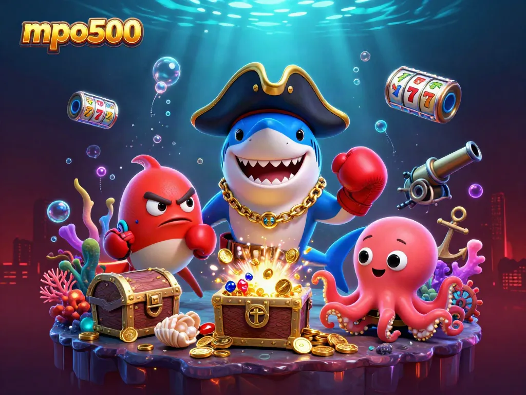 MPO500 mempersembahkan ilustrasi 3D dengan hiu bajak laut lucu, ikan puff merah bertinju, dan bayi gurita memegang koin emas di dunia perjudian