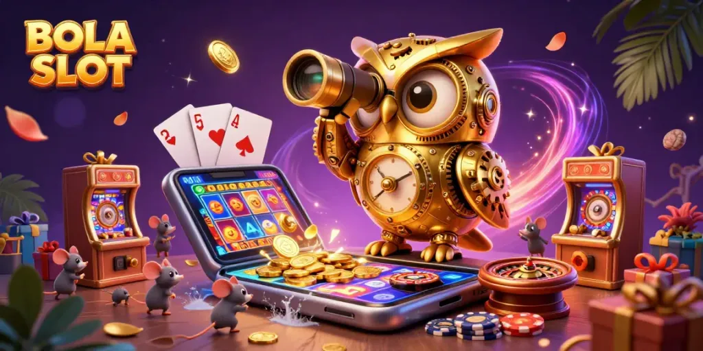 BOLA SLOT illustration showing a whimsical owl scanning the casino floor, surrounded by vibrant slot game elements.