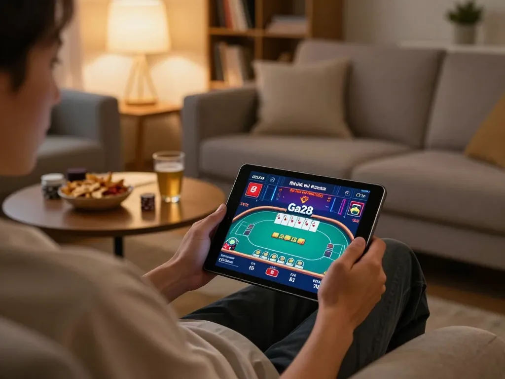 Engaging in online poker with nhà cái Ga28 on a tablet in a cozy living room setting