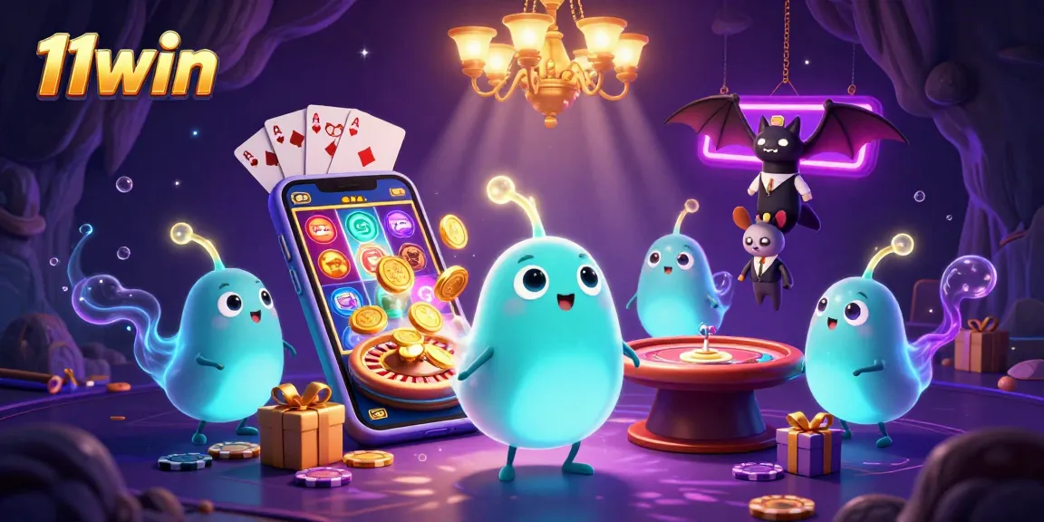 Engage with 11win in a colorful 3D casino scene illuminated by glowworms, featuring vibrant slot games and dynamic game elements.