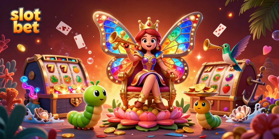 Slot bet menampilkan ratu kupu-kupu dengan sayap kaca memikat, dikelilingi simbol slot dan harta karun.