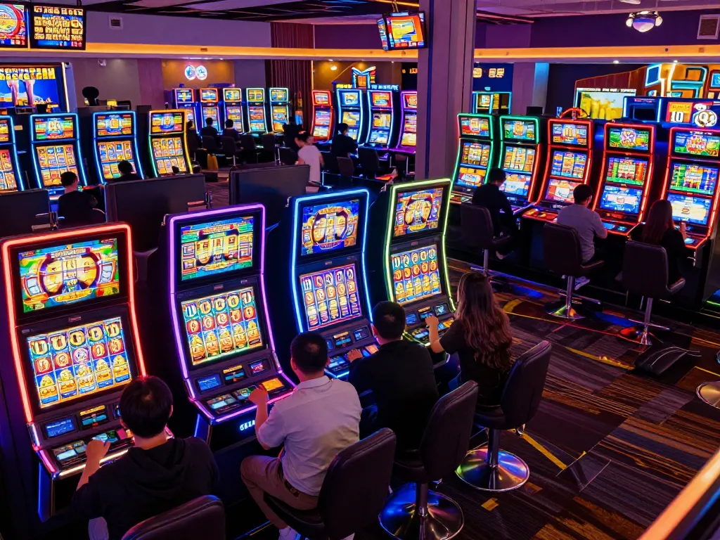 Excited players spinning slot machines for quick wins in a lively casino atmosphere
