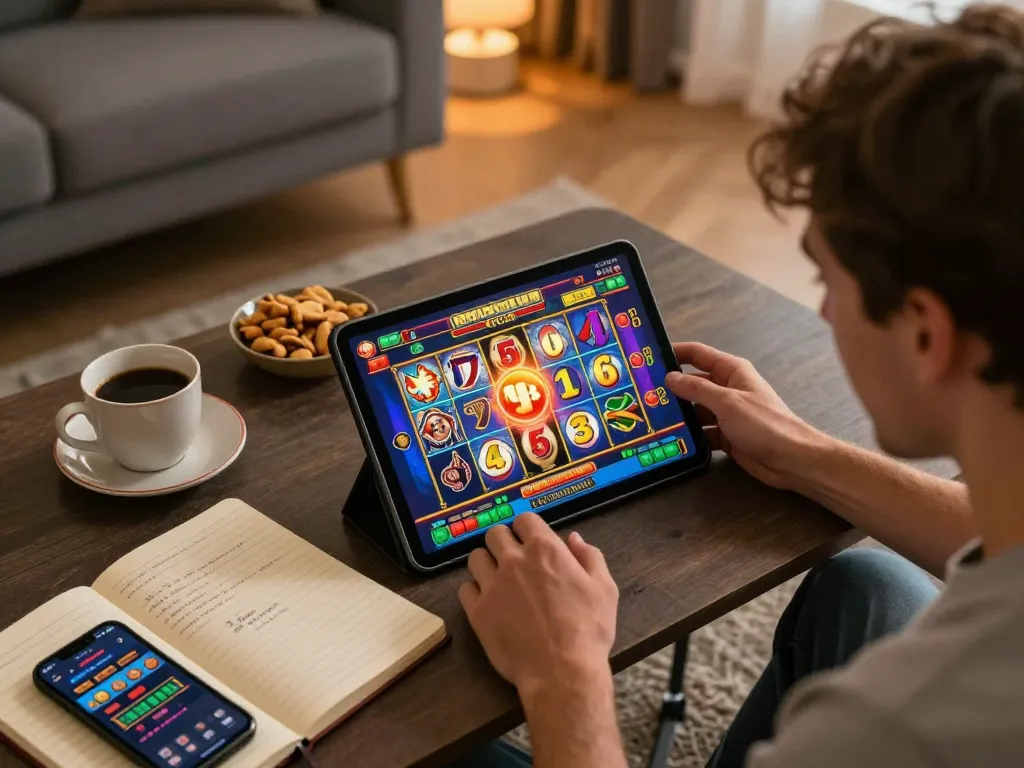 Terlibat dengan permainan slot menarik dari OKESLOT yang ditampilkan di tablet, menampilkan grafik yang cerah dan gameplay yang mendebarkan