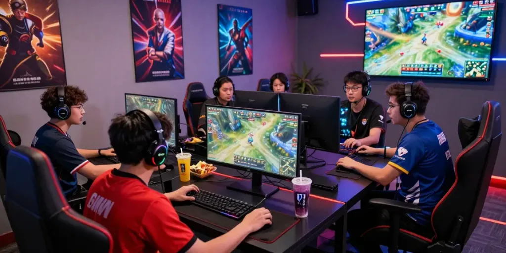 Engaging jebolwd gaming scene in a modern esports lounge with competitive gamers and vibrant RGB lighting.