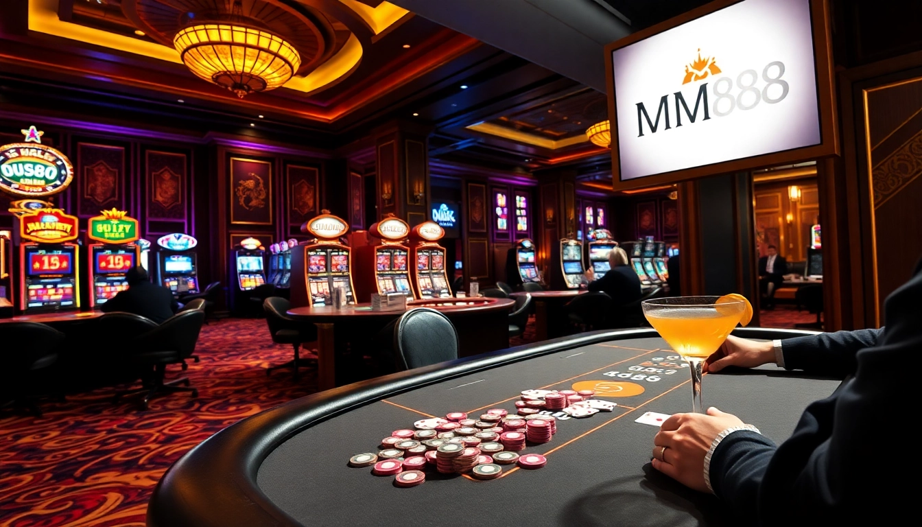 Players enjoying exciting games at MM88 casino with vibrant slot machines and poker tables.
