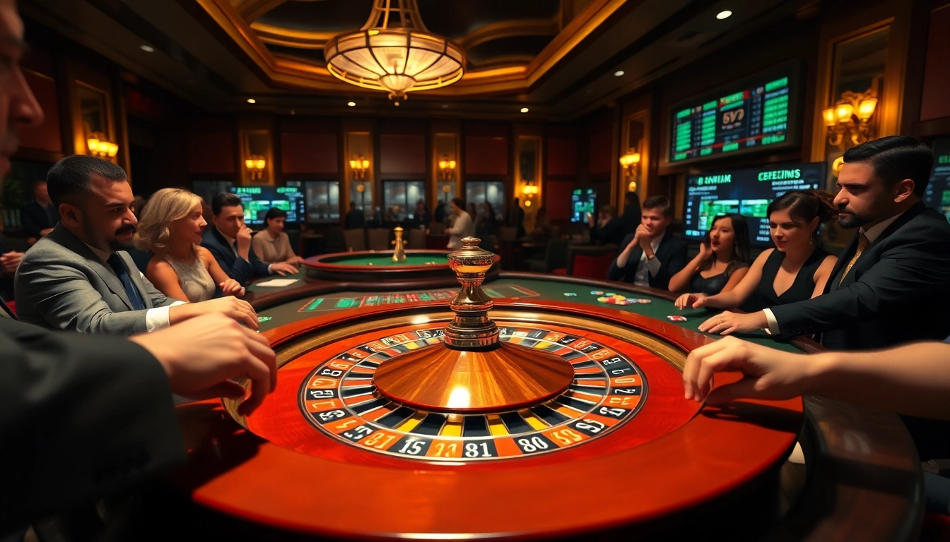Excited players engage with 69 VN at a luxurious roulette table in a high-stakes casino.