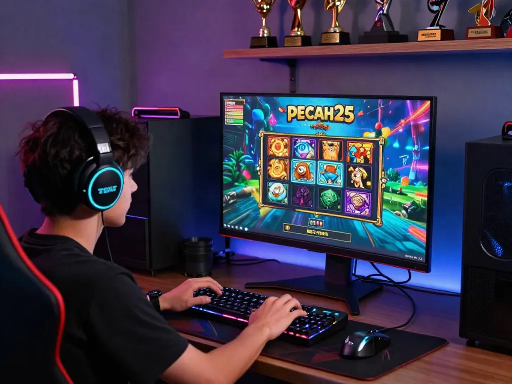 Gamer bermain pecah25 slot dengan penuh konsentrasi di monitor, suasana gaming yang energik dan modern.