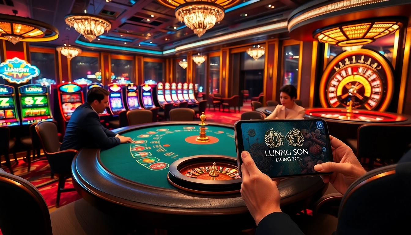 Watch players at the Luong Son TV poker table in an exciting casino atmosphere with vibrant gaming elements.