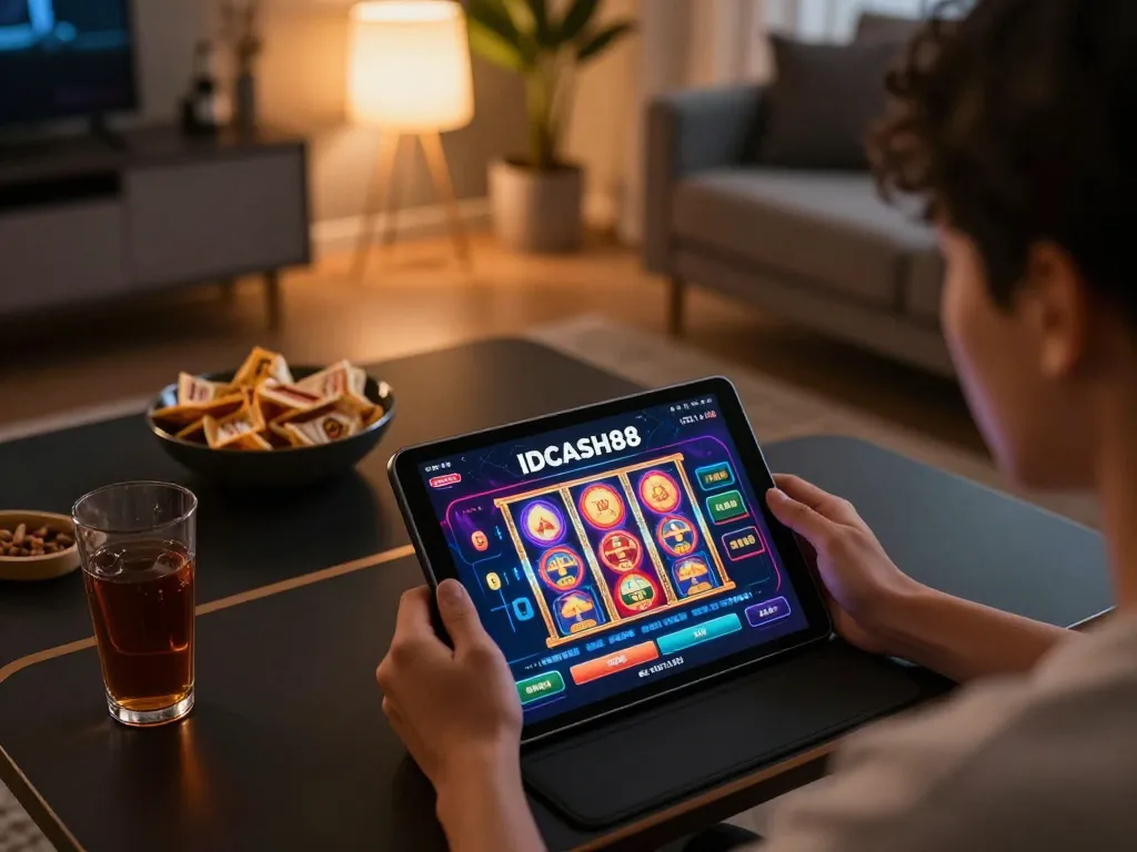 Players enjoying the IDCASH88 online casino app in a cozy home gaming setup