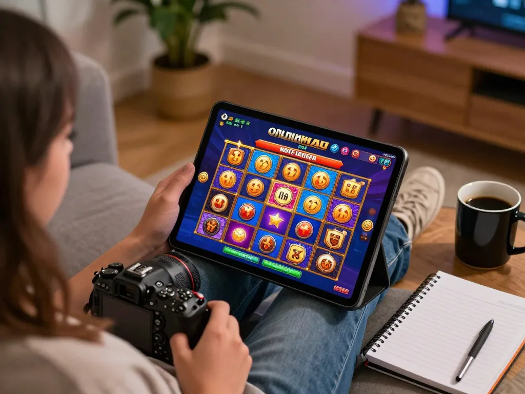 Terlibat dalam sesi permainan mega slot di tablet, dikelilingi oleh kenyamanan dan strategi.