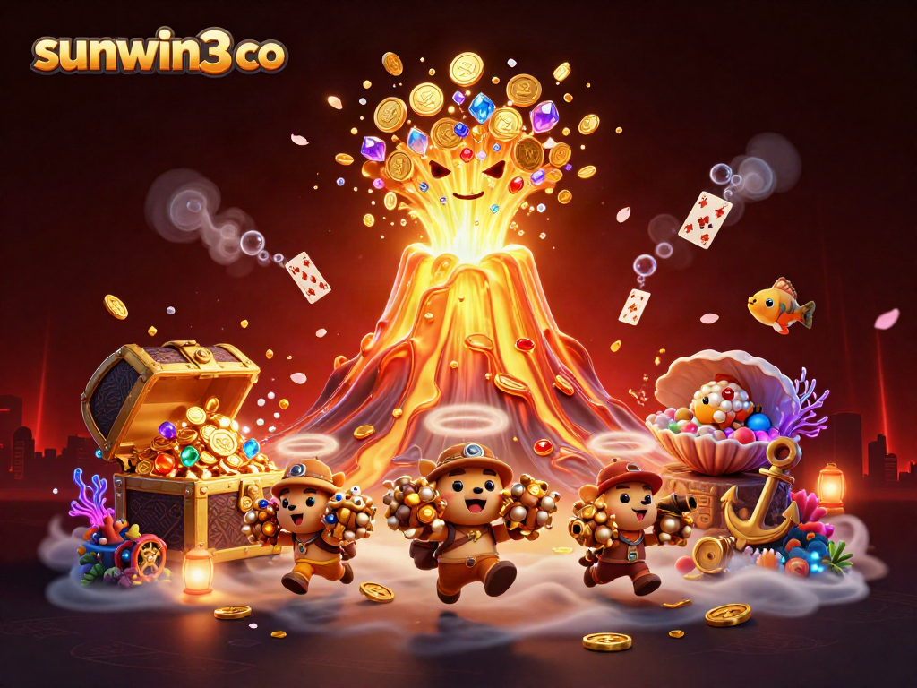 Experience the thrilling eruption of sunwin3 co with treasures in this captivating casino-themed illustration.