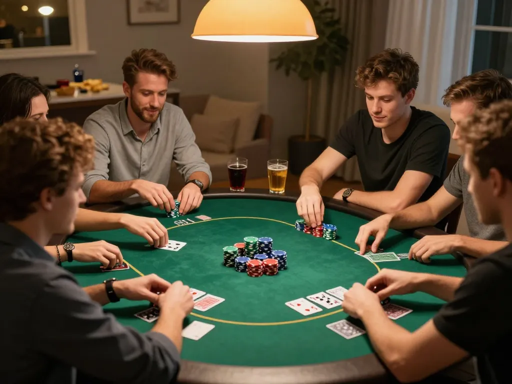 Engaging poker night scene with friends playing at home, showcasing LGOGOAL strategies in action.