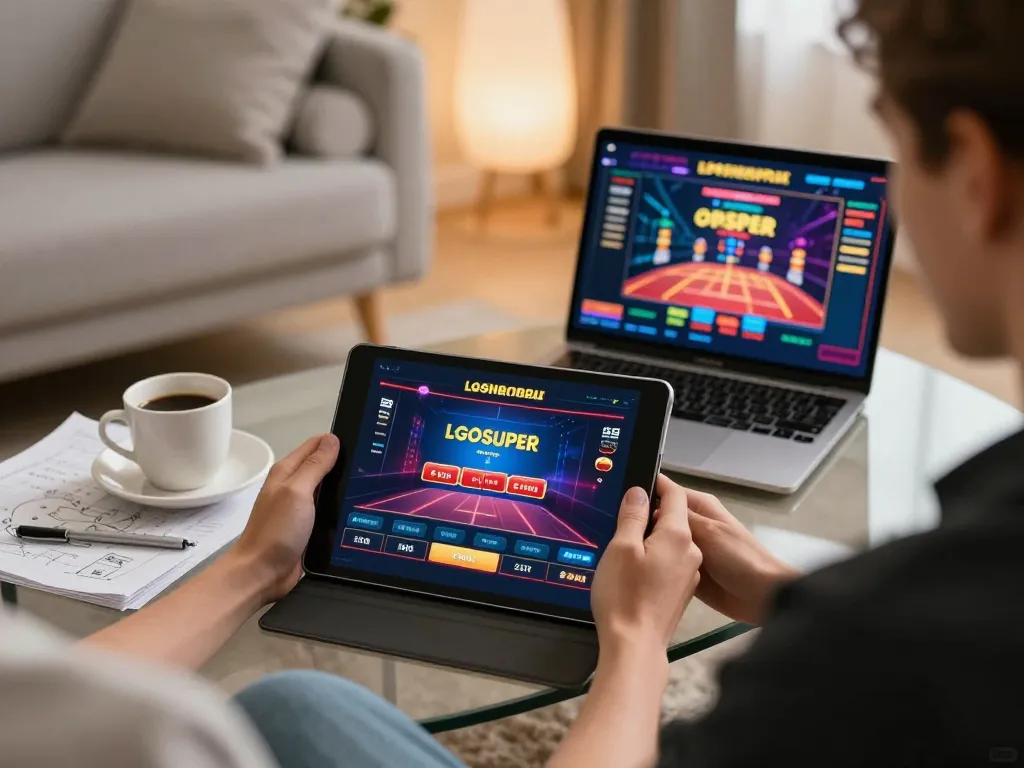 Player engaging with LGOSUPER online slots on a tablet, surrounded by game strategy notes in cozy setting
