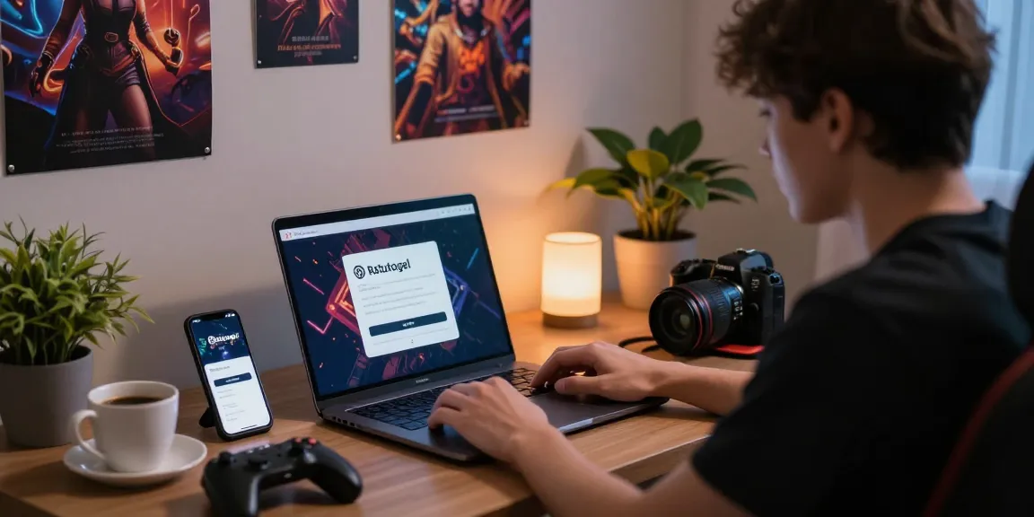 Pengguna memasuki ratutogel login di ruang santai dengan laptop dan ponsel.