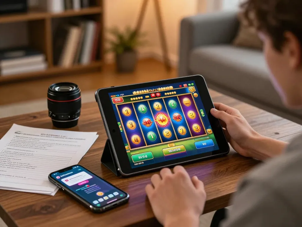 Engaging with LGOSUPER slots on a tablet in a cozy living room, highlighting responsible gambling.
