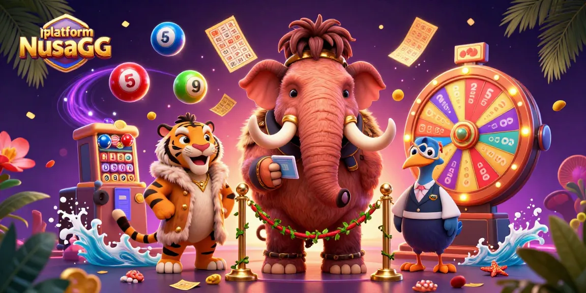 Experience the vibrant platform NusaGG with a woolly mammoth bouncer and lively casino elements.