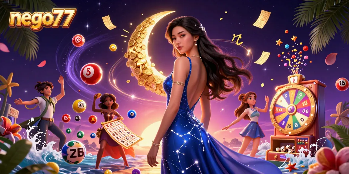 Nego77 reveals a vibrant casino scene with colorful lottery elements and an elegant Asian woman, showcasing excitement in gambling.