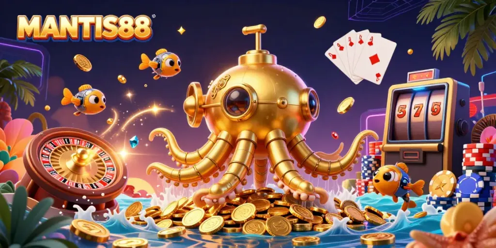 MANTIS88 features a golden kraken submarine and mechanical fish amidst sparkling casino elements.