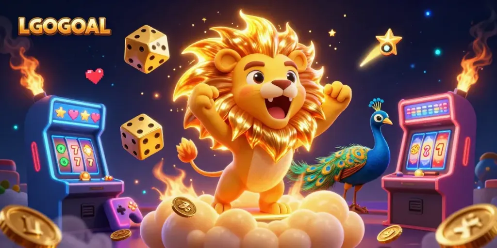 Win big with LGOGOAL in a vibrant 3D casino environment filled with colorful characters and game elements.