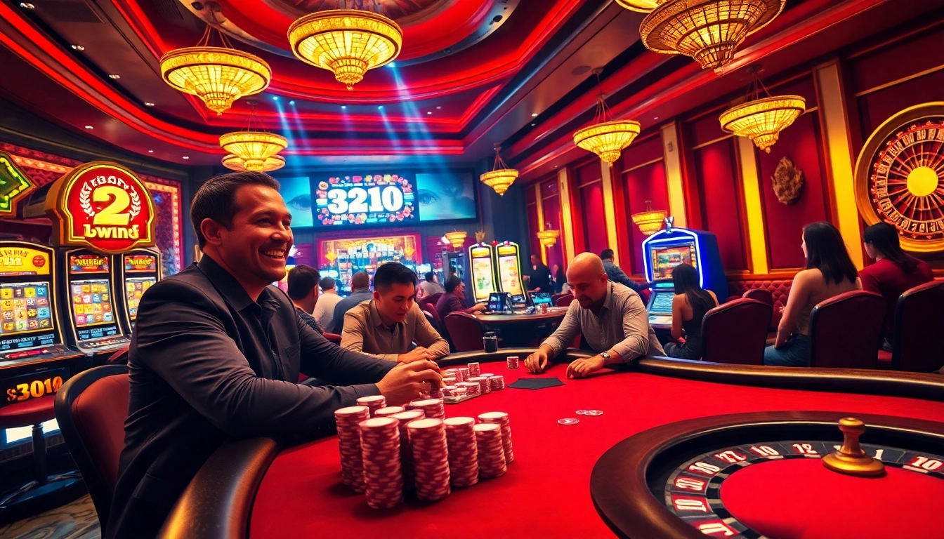 Players engaged in high-stakes poker, highlighting the 32 win excitement at a vibrant casino.