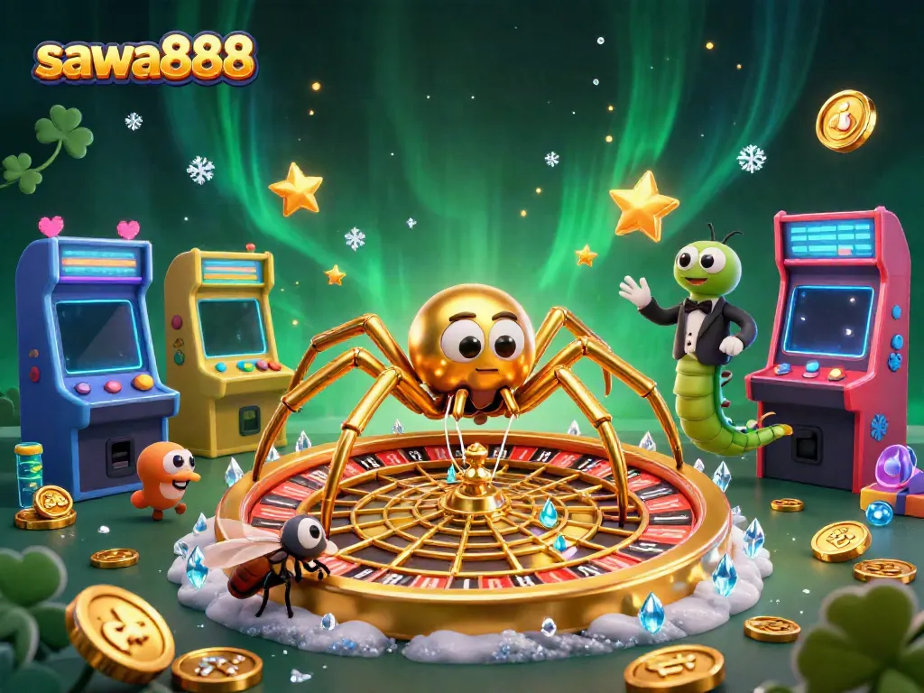 Experience thrilling bets at sawa888 with a vibrant casino scene featuring a roulette-inspired web.