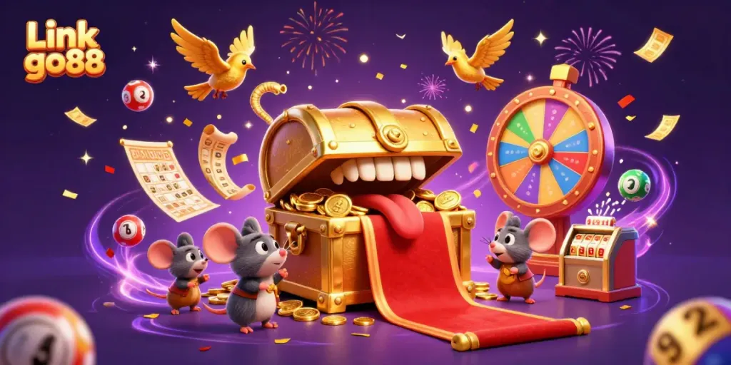 Experience adventure with Link go88 as charming treasure chests and mice share an exhilarating casino journey.
