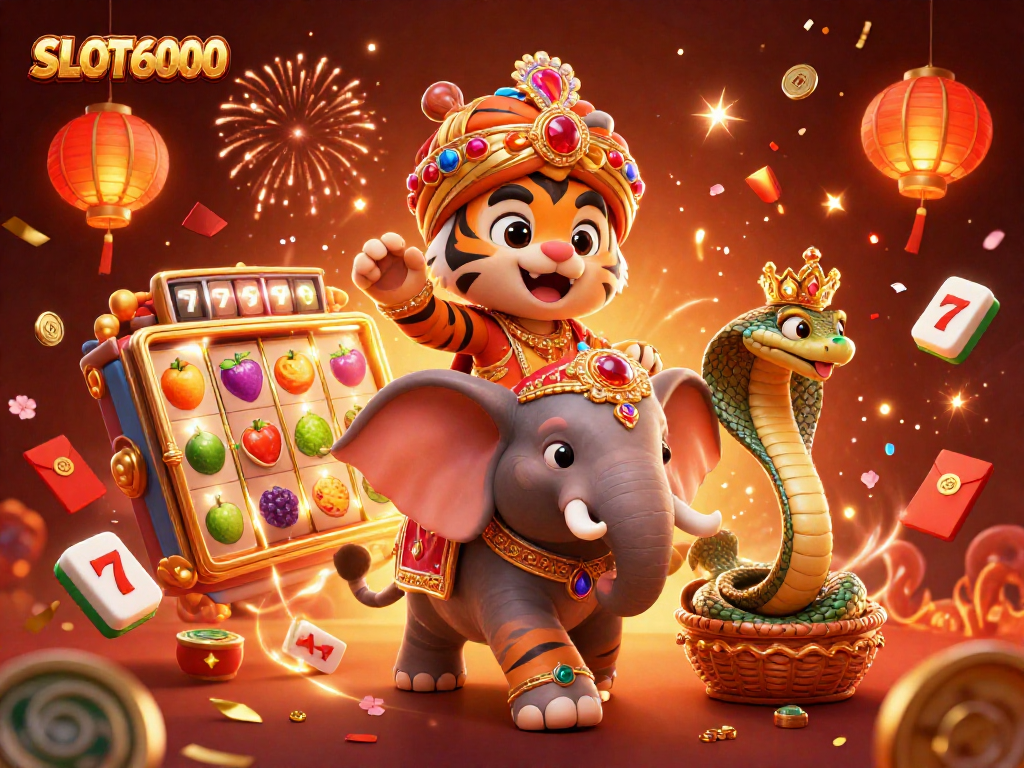 Gambarkan keseruan permainan SLOT6000 dengan harimau maharaja dan elefant berdekor emas.