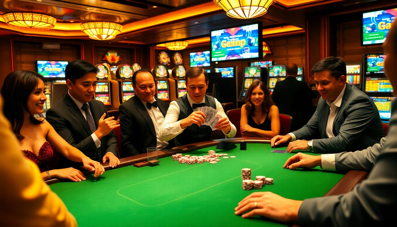 Experience the thrill of gilajp as players strategize around a luxurious poker table in a vibrant casino.
