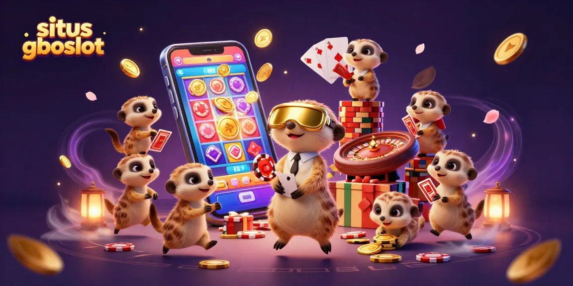 situs gboslot menampilkan koloni meerkat bermain di kasino penuh warna dengan banyak elemen permainan menarik.