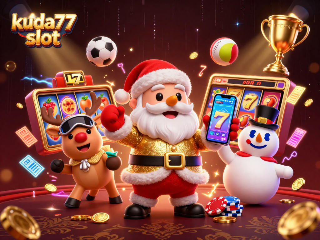 Gali kemenangan di kuda77 slot dengan Santa yang sedang bermain jackpot dan dihiasi elemen kasino.