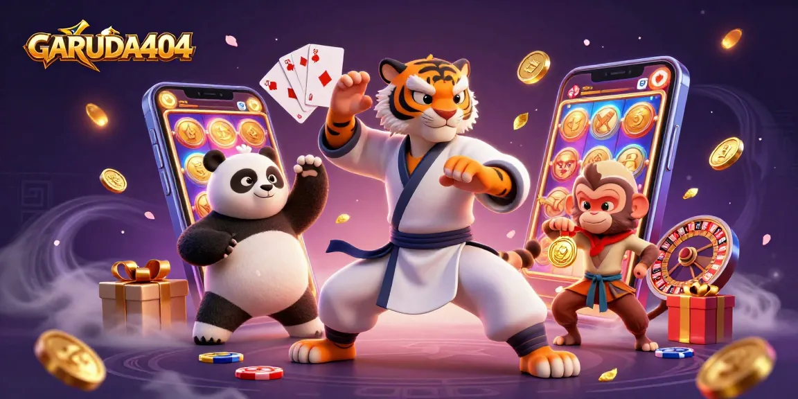 Play exciting games on GARUDA404 with a cartoon kung fu tiger and friends surrounded by casino elements.