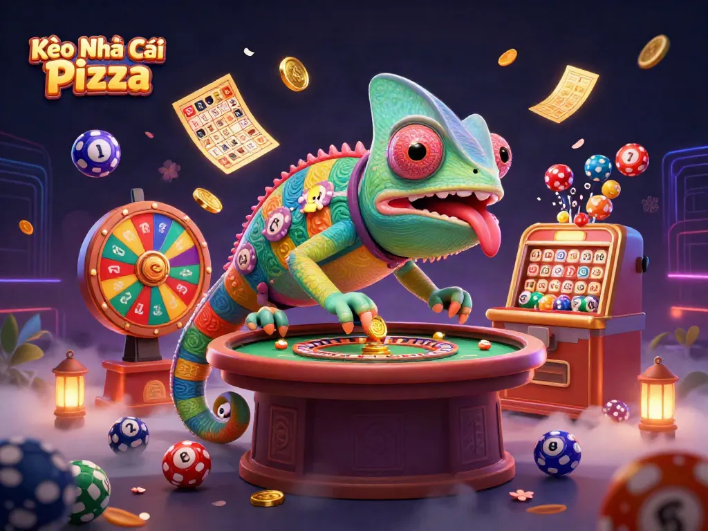Engage in thrilling gambling action with Kèo Nhà Cái Pizza, featuring a colorful casino scene.