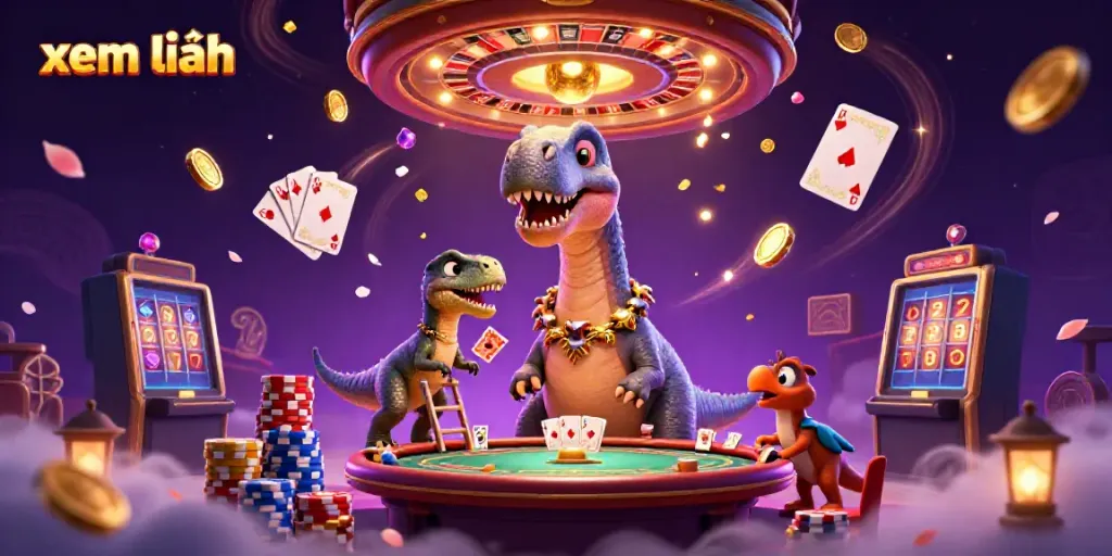 Xem thêm a lively 3D illustration of a brontosaurus at a casino, surrounded by vibrant gaming elements.