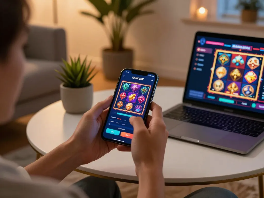 IDNSCORE user enjoying thrilling online slots on a smartphone in a modern setting.