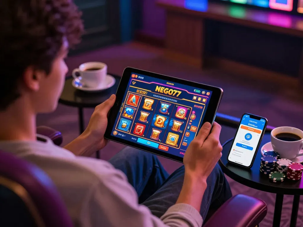 Engaged player exploring NEGO77 online slots at home, showcasing dynamic gaming interface.