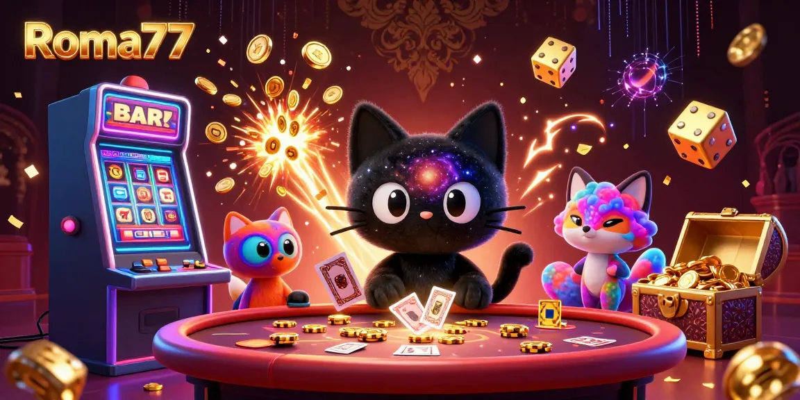 Experience the excitement of Roma77 with a vibrant cosmic casino scene featuring playful cartoon characters and dynamic game elements.