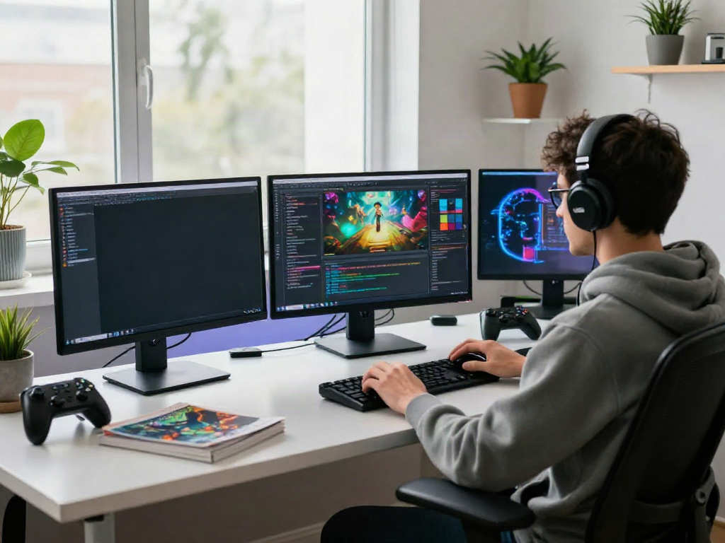 Innovative workspace showing alternative gaming platform development with vibrant coding displays and gaming controllers.