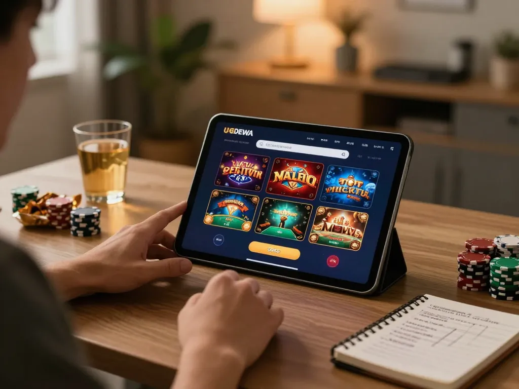 Player experiencing UGDEWA online gaming excitement with tablet in stylish home setup