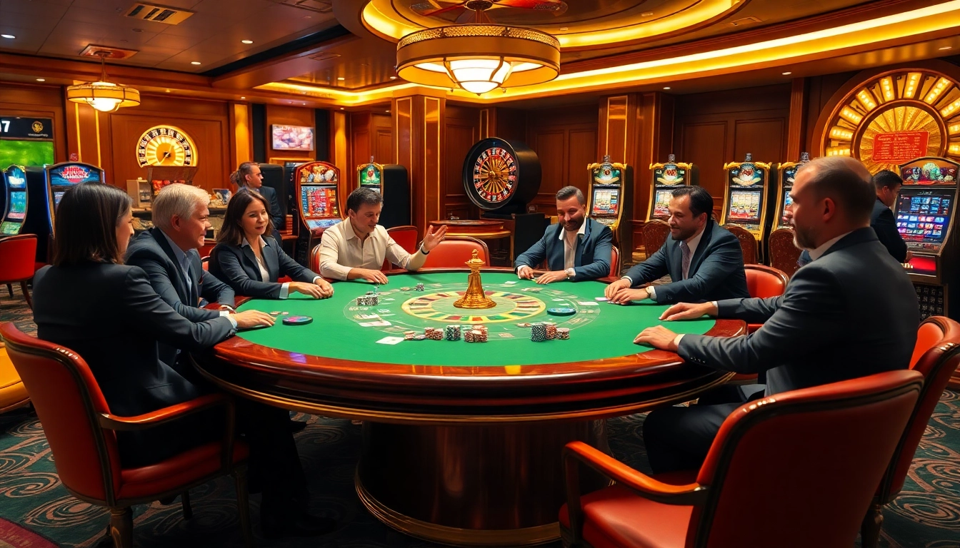 Engaged players at a CM88 poker table enjoying a thrilling casino atmosphere with vibrant casino elements.