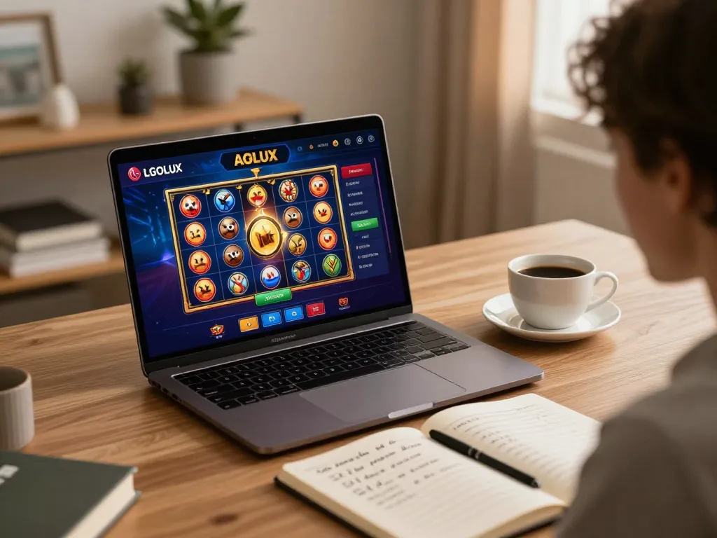 Player navigating the LGOLUX online casino interface during a cozy home gaming session.
