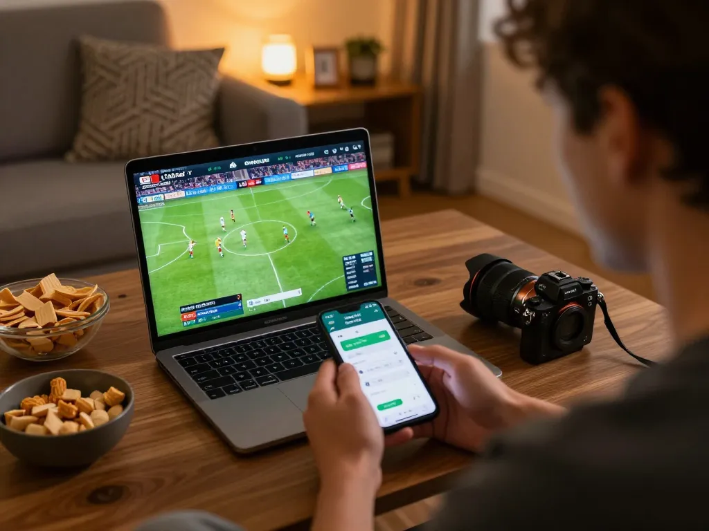 Cakhia tv user placing sports bets at home while enjoying a live football match on laptop.