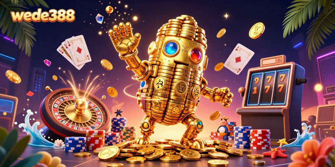 Wede388 menampilkan golem emas kuno dan elemen kasino mengelilinginya dalam ilustrasi menarik.