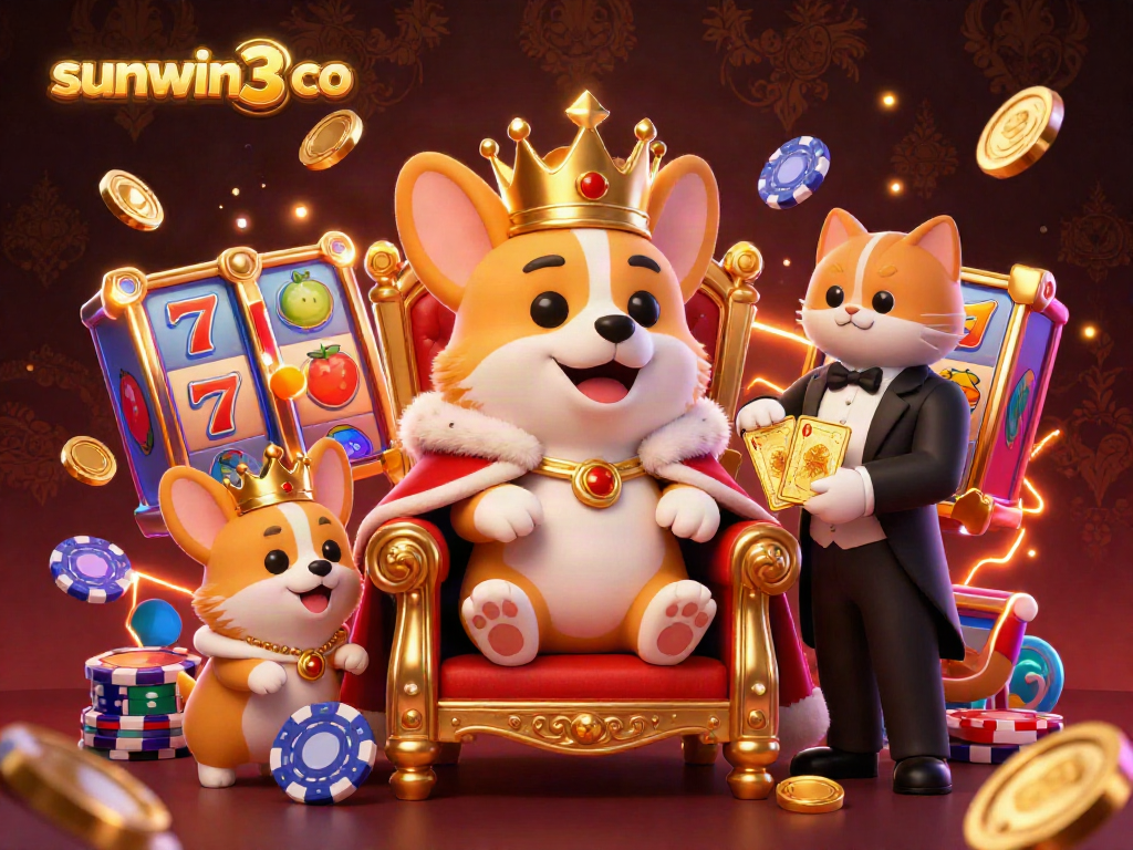 Experience the excitement of sunwin3 co with a vibrant 3D casino scene featuring corgis amidst colorful slot elements.