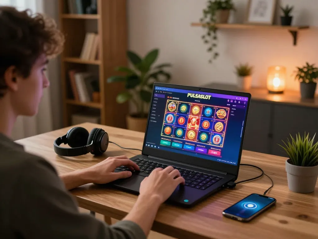 PULSASLOT gaming setup showcasing an engaging online slot game experience in a cozy home office