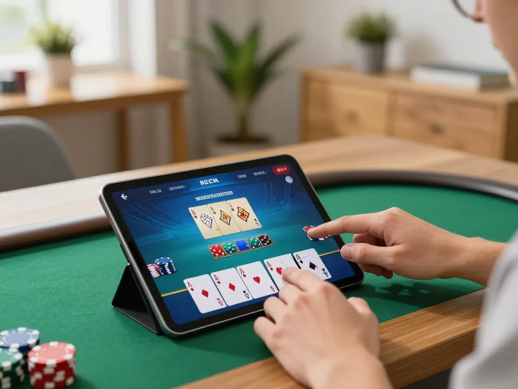 Player enjoying mobile poker at home with LGOGOAL app, showcasing strategic gaming