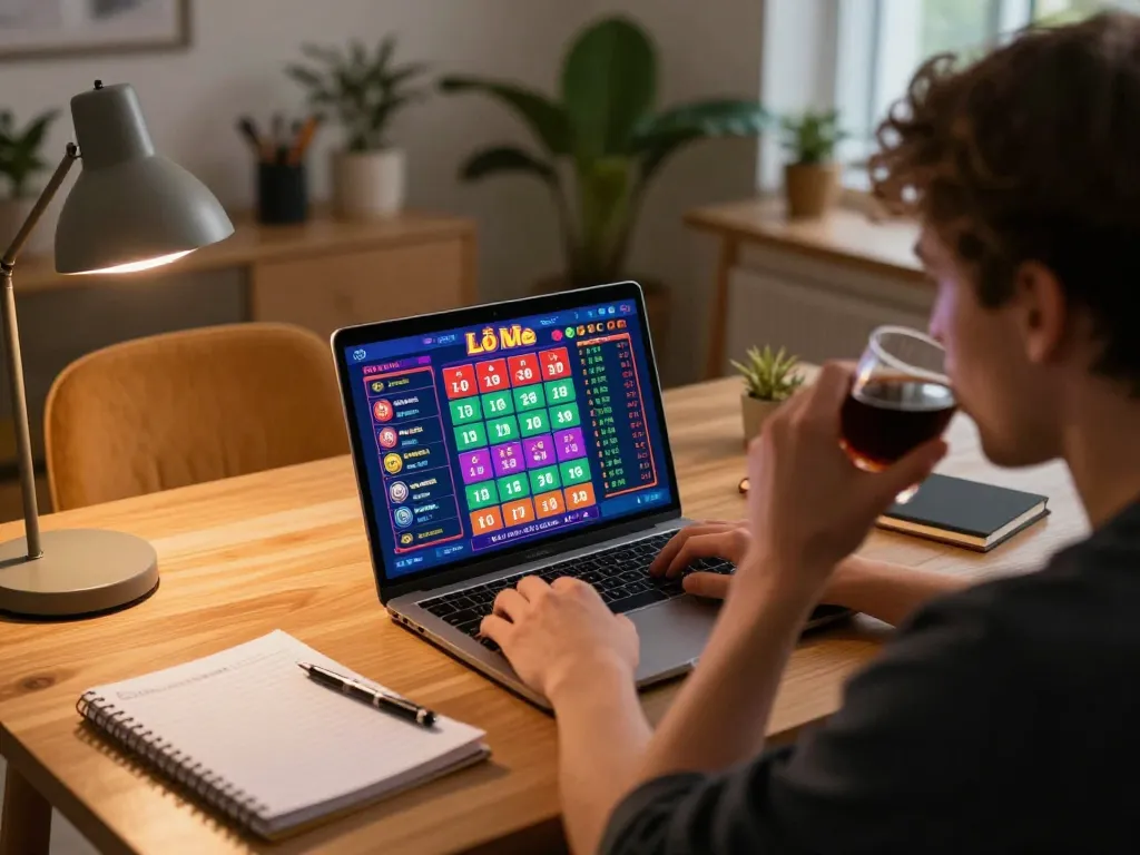 Playing lô đề uy tín online with colorful betting interface in a cozy home setup.