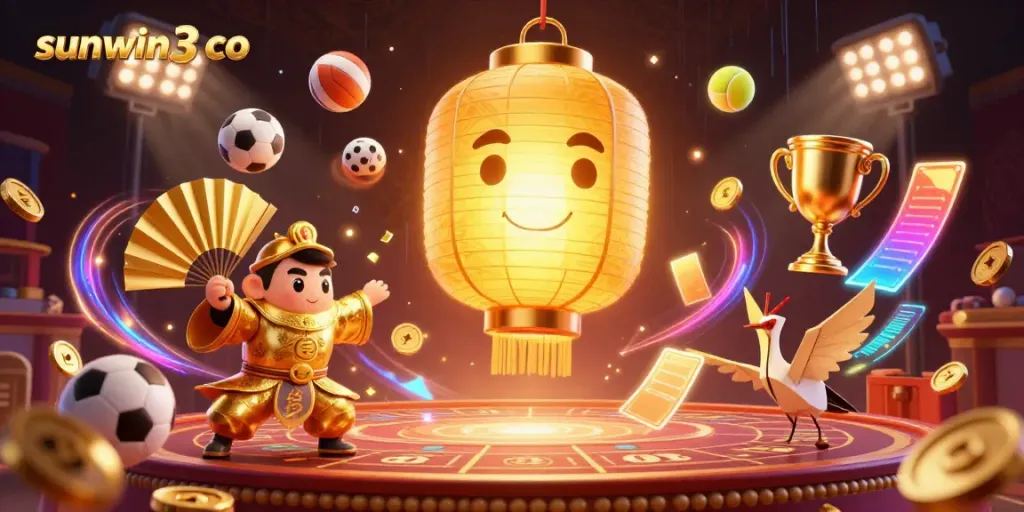 Engage with sunwin3 co in this vibrant casino scene featuring golden lantern spirit and dynamic sports elements.