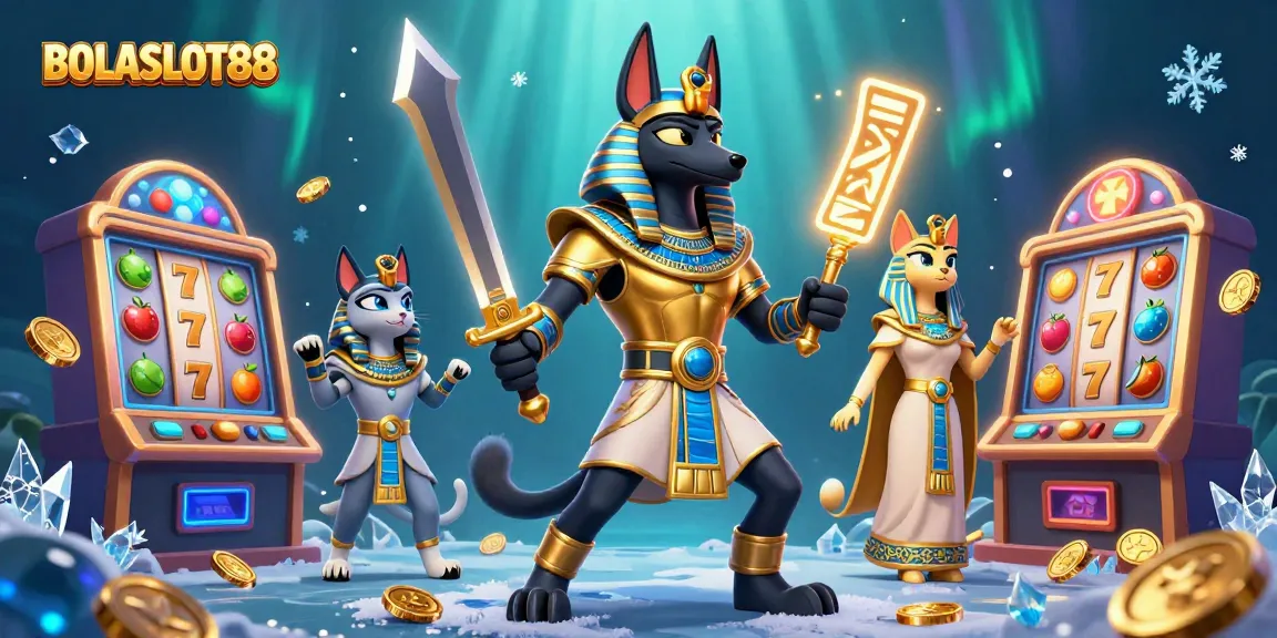 BOLASLOT88 menampilkan simbol slot yang berputar dengan Anubis dan Bastet dalam suasana kasino mewah