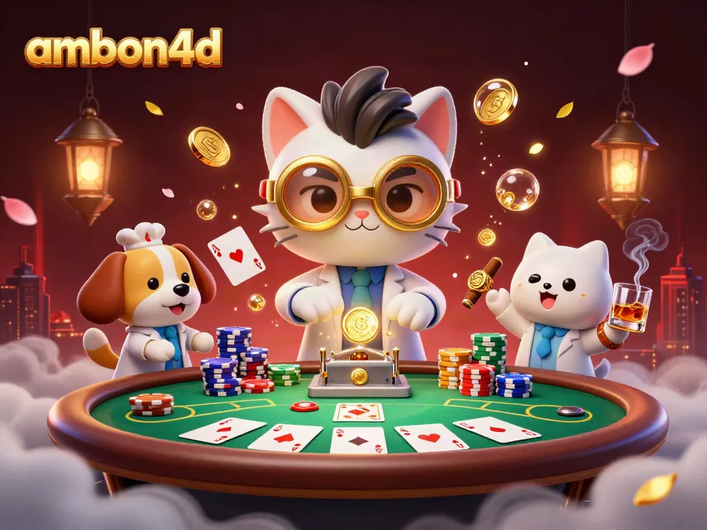 Engage in exciting casino action with ambon4d featuring a dynamic scene of a cat scientist and a loyal dog in a vibrant lab.