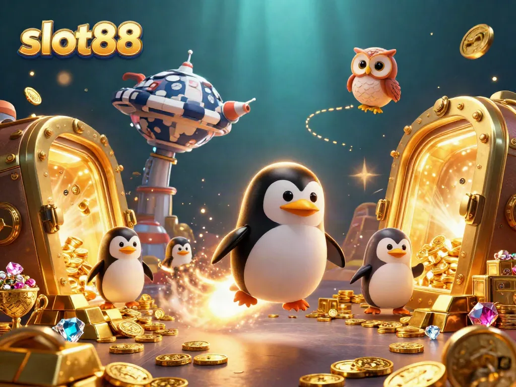 Exciting slot88 adventures with a golden penguin and treasures in a dazzling cosmic scene.